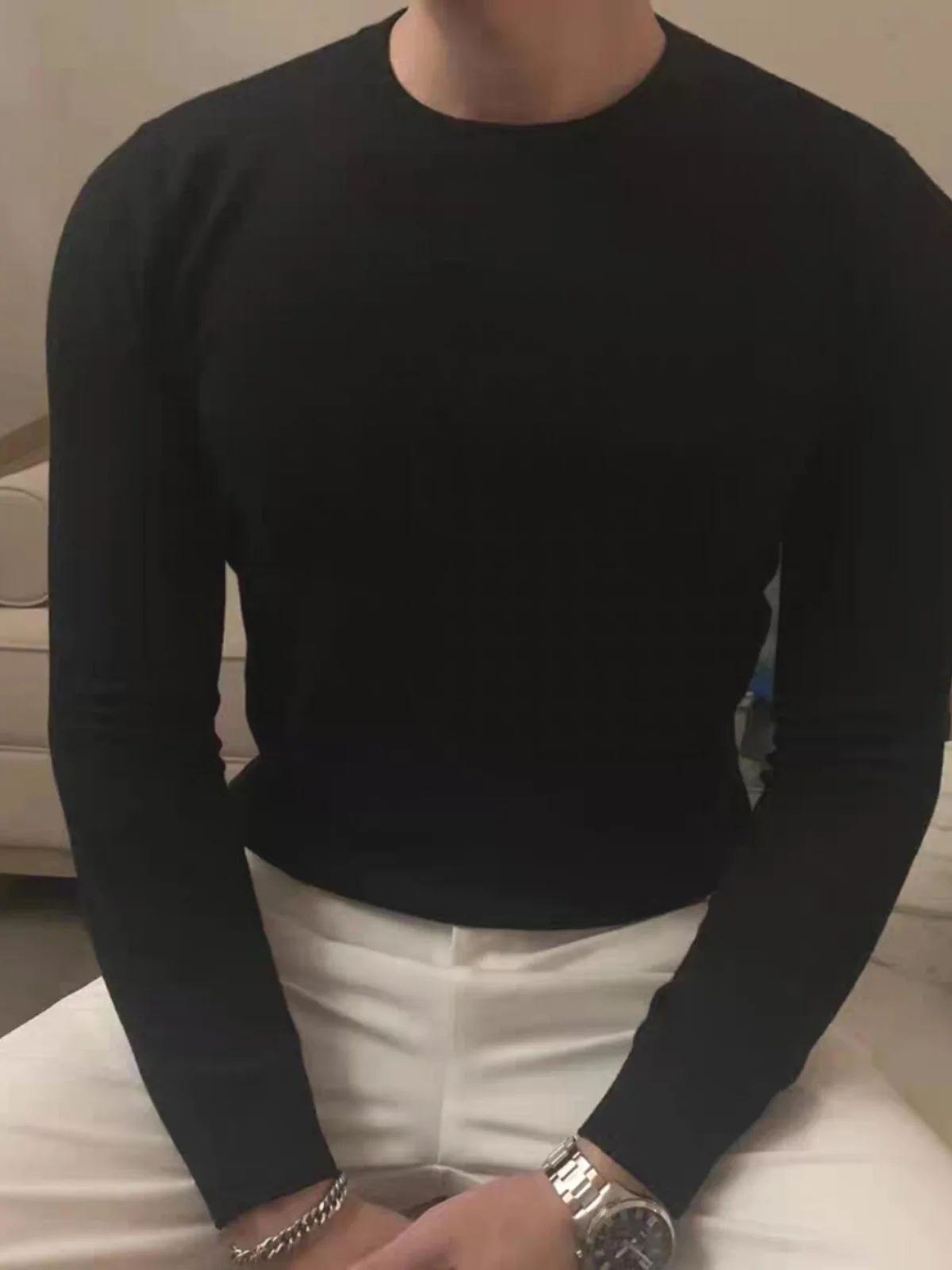 

Men's High-End Knitted Sweater Long Sve Core Spin Yarn Tight Fit Breathable Base Layer Sweater Autumn Season round Ne