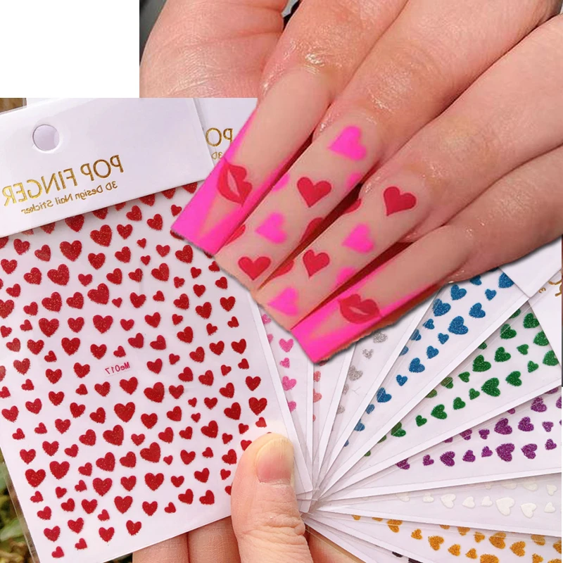 Décalcomanies 3D pour Nail Art, autocollants brillants, paillettes, rouge, noir, rose, coeurs d\'amour, curseurs adhésifs, décoration pour ongles,