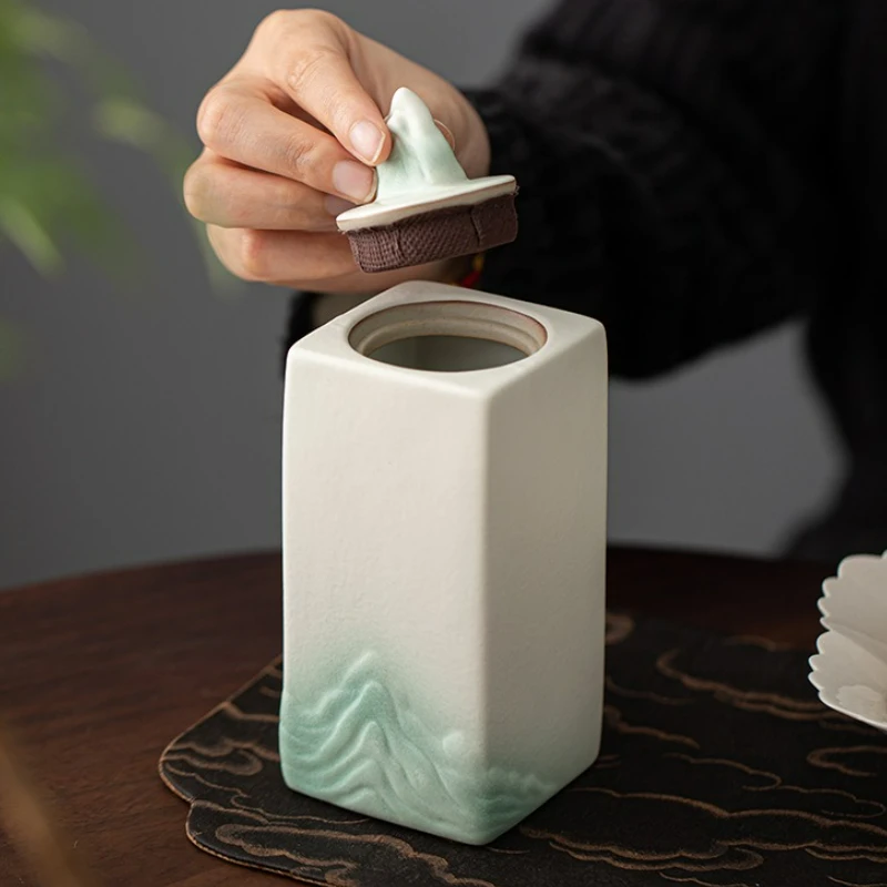

Hand-painted Distant Hill Ceramics Tea Jar Organizer Moisture-proof Zen Storage Tank Containers Tea Caddy Tableware Decoration