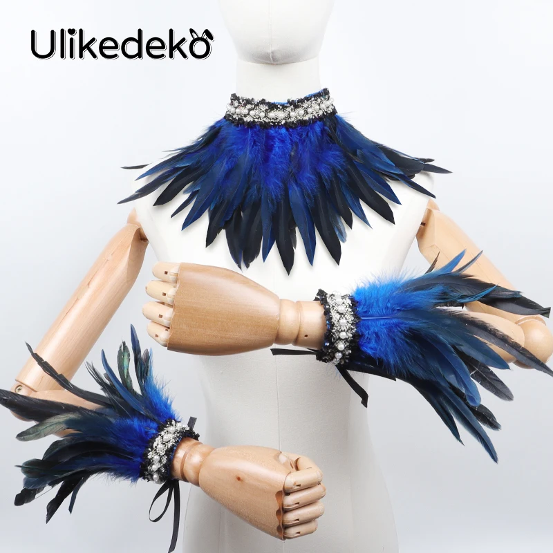 Gotyckie pióro z imitacją kołnierzyka mankiety na nadgarstki z piórami impreza rave rękawiczki naszyjnik wiktoriański Choker kołnierz etap Masquerade rekwizyty do Cosplay