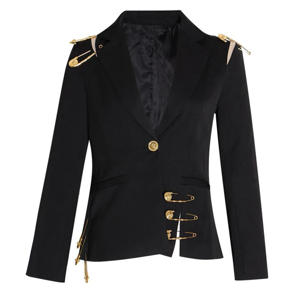 VGH Chic Spliced Metal Tunic Blazer For Women Notched Collar Long Sleeve Patchwork Button Temperament Blazers Female Fashion New