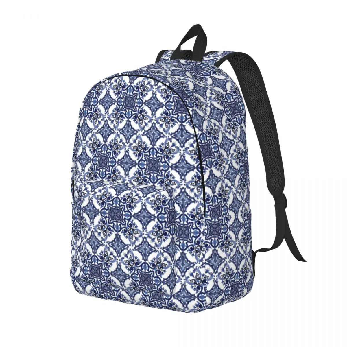 Blue Ornate Floral Mediterranean Sicilian Tile Student Backpack School Bag Hiking Travel Daypack Fashion Bookbag Shoulder Bags