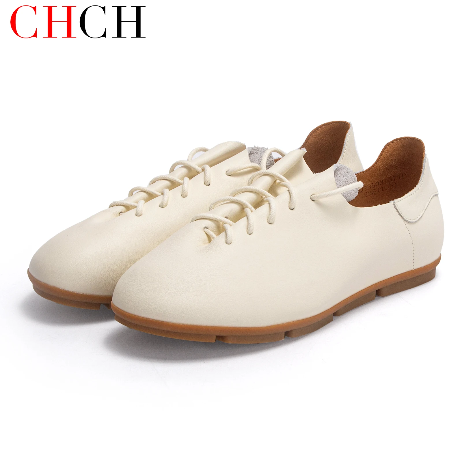 CHCH Women's Flat Shoes 2026 New Cow Leather Leather Shoes Beige Simple Business Women's Shoes Arch Support