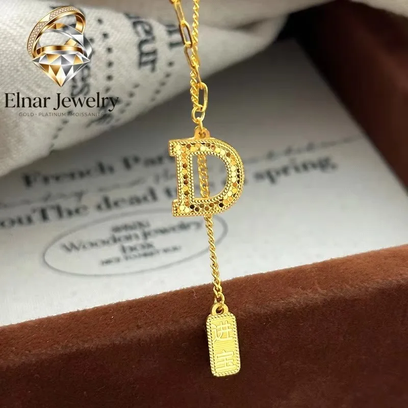 Collar de Oro Puro 24K 9999 de Lujo Elnar Jewelry para Mujer, Letra D, Escamas de Pez, Borla de la Suerte, Cadena de Clavícula de Lujo Ligero