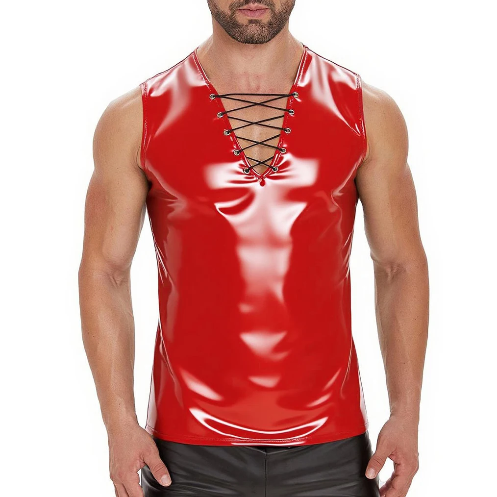Size S-7XL Men's Slim Fit Tank Tops Shiny Wet Look PVC Leather Lace-up V-neck Vest Nightclub Party Stage Performance Costumes