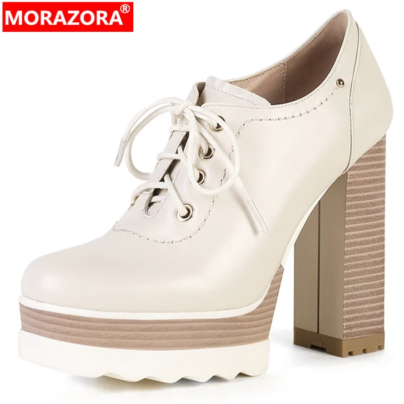 

MORAZORA 2024 New Genuine Leather Platform Shoes Women Thick High Heels Single Shoes Office Ladies Lace Up Pumps