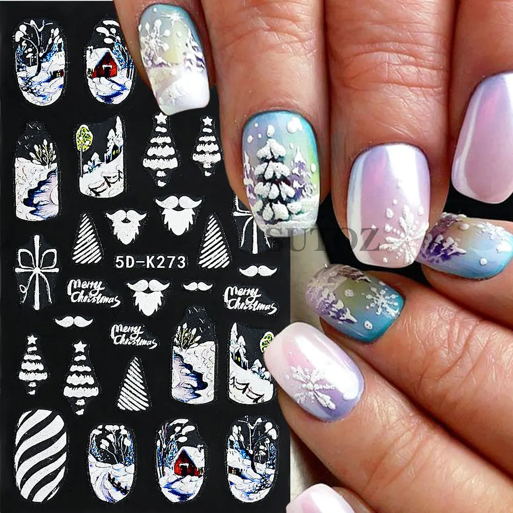 5D White Snow Nail Stickers Glitter Snowflake Elk Tree House Nail Decals Winter Design Cute Cartoon Xmas Decorations NL5D-K276