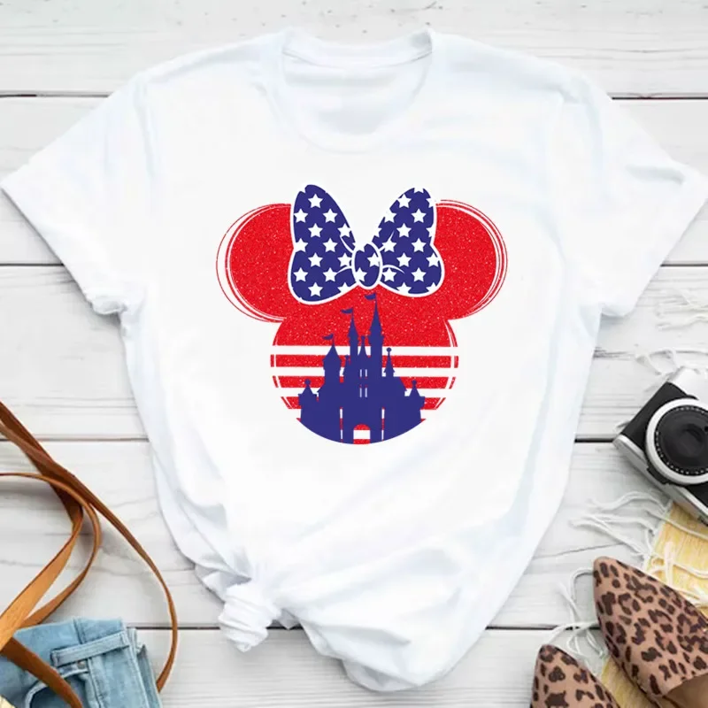 New T-shirts for Women Fashion Heart Minnie Print Unisex T Shirt Y2K Streetwear Clothes Kawaii Mouse Head T Shirt Female Tops