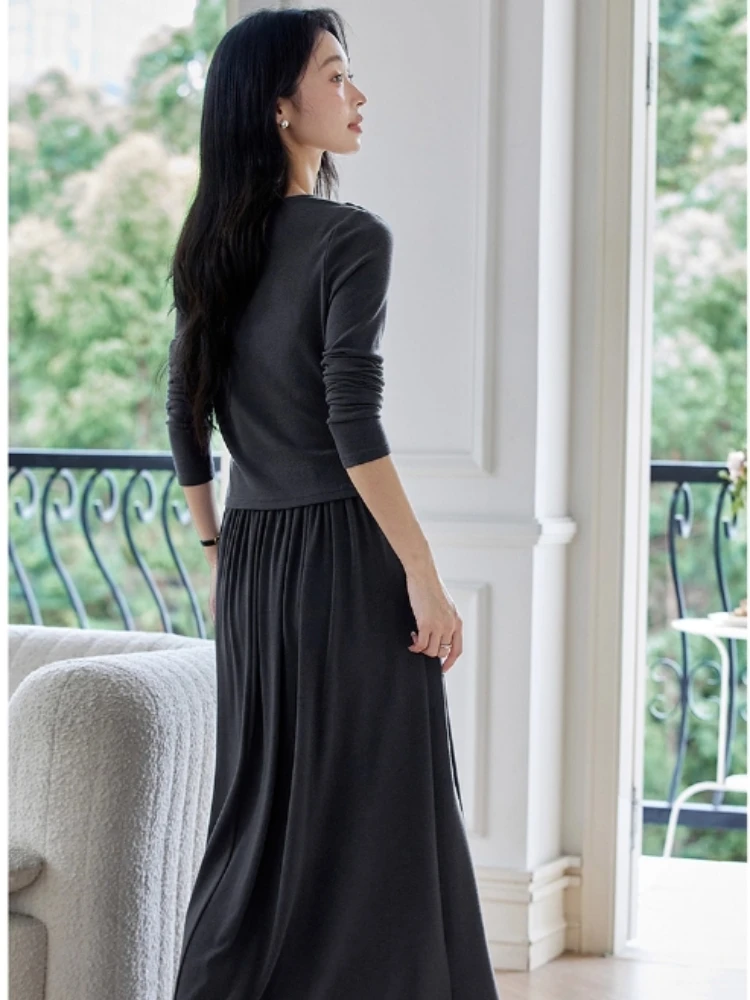 VIMLY Grey Skirts Sets Women's Autumn 2025 Lace Patchwork Swinging Neck Long Sleeve Top A-line Skirt Woman Two-piece Set A1990
