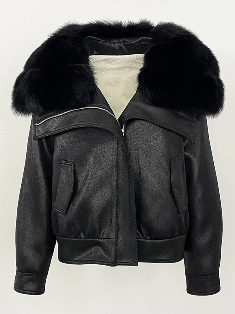 2025 Women Fashion Short Down Coat Big Real Fox Fur Collar Lady Warm Suede Fur Puffer Jacket New Winter Clothing Female