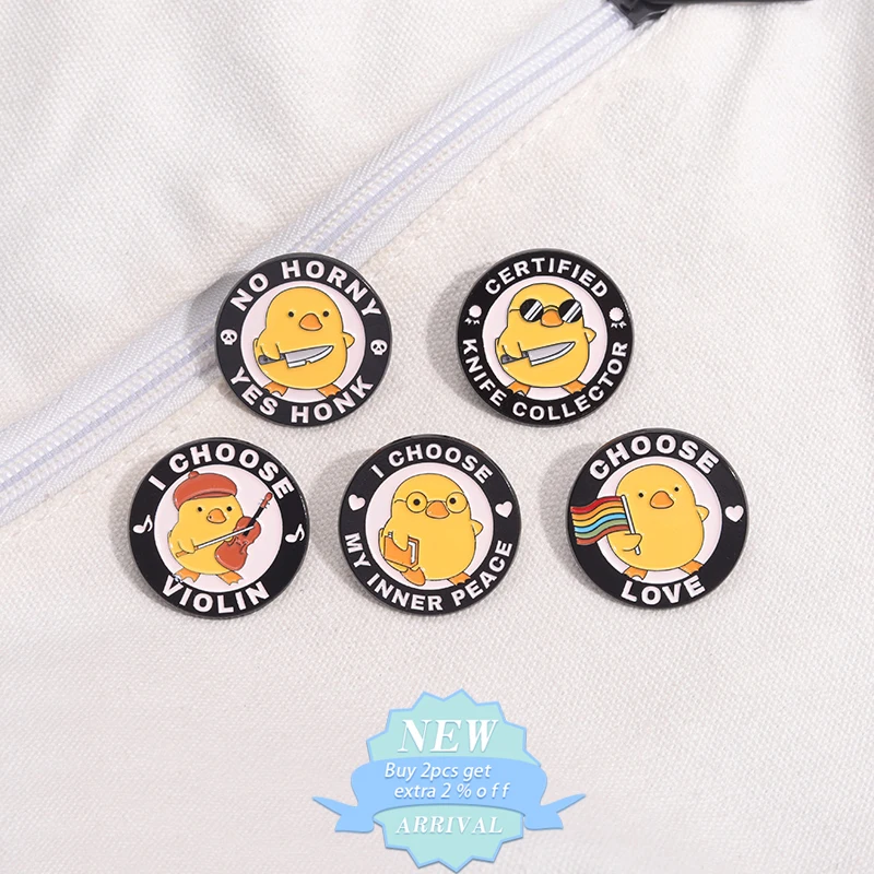 Playing Violin Yellow Duck Enamel Pins Choose Love My Inner Peace Duck With Knife Brooch Backpack Lapel Badge Cartoon Kids Gift