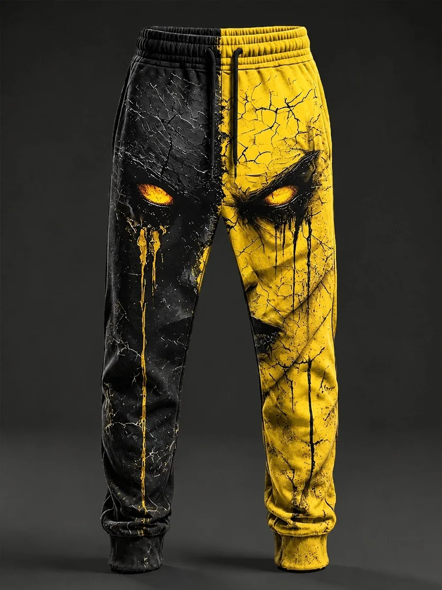 Men's Black & Yellow Color-Block Joggers with Devil Face Print – Drawstring Athletic Pants – Halloween Gothic Streetwear Style