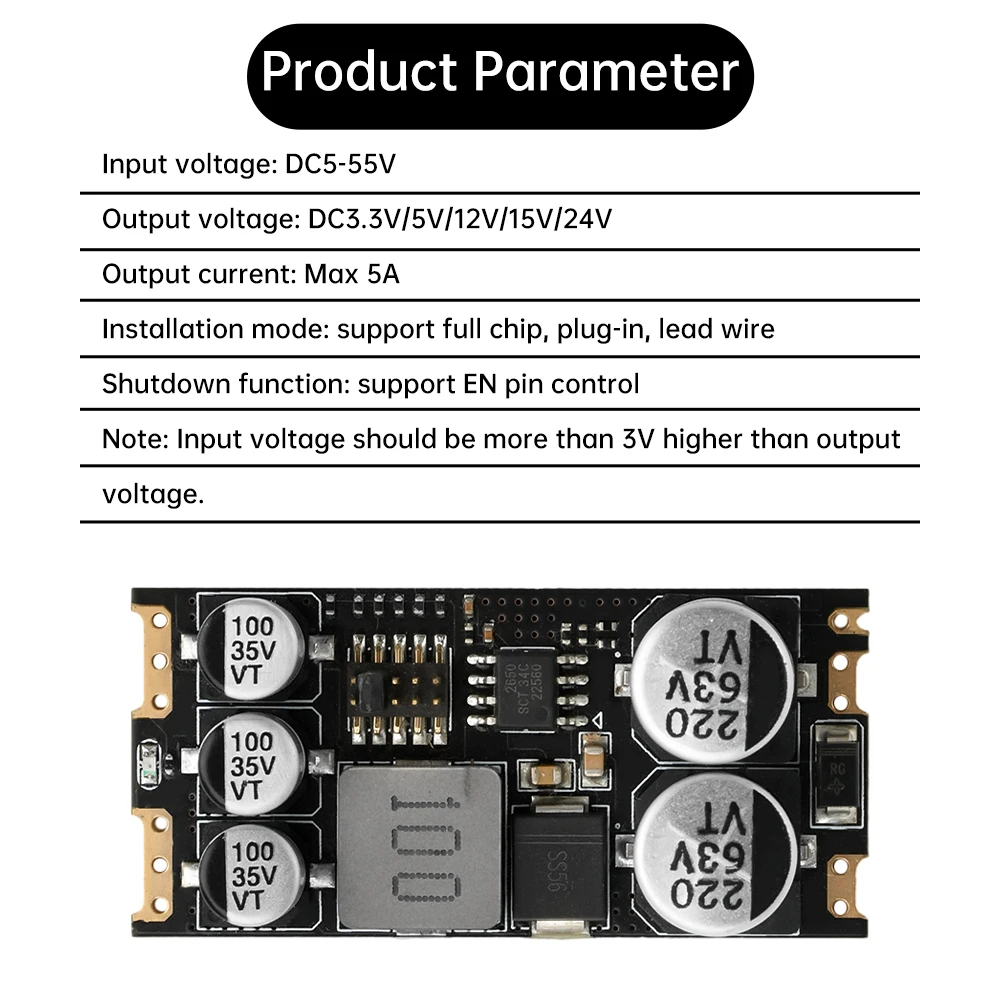 DC Buck Module Step-Down Power Supply DC5~55V To DC3.3V/5V/12V/15V/24V 5A Regulator Power Supply Board Support SMD Plug-in Lead