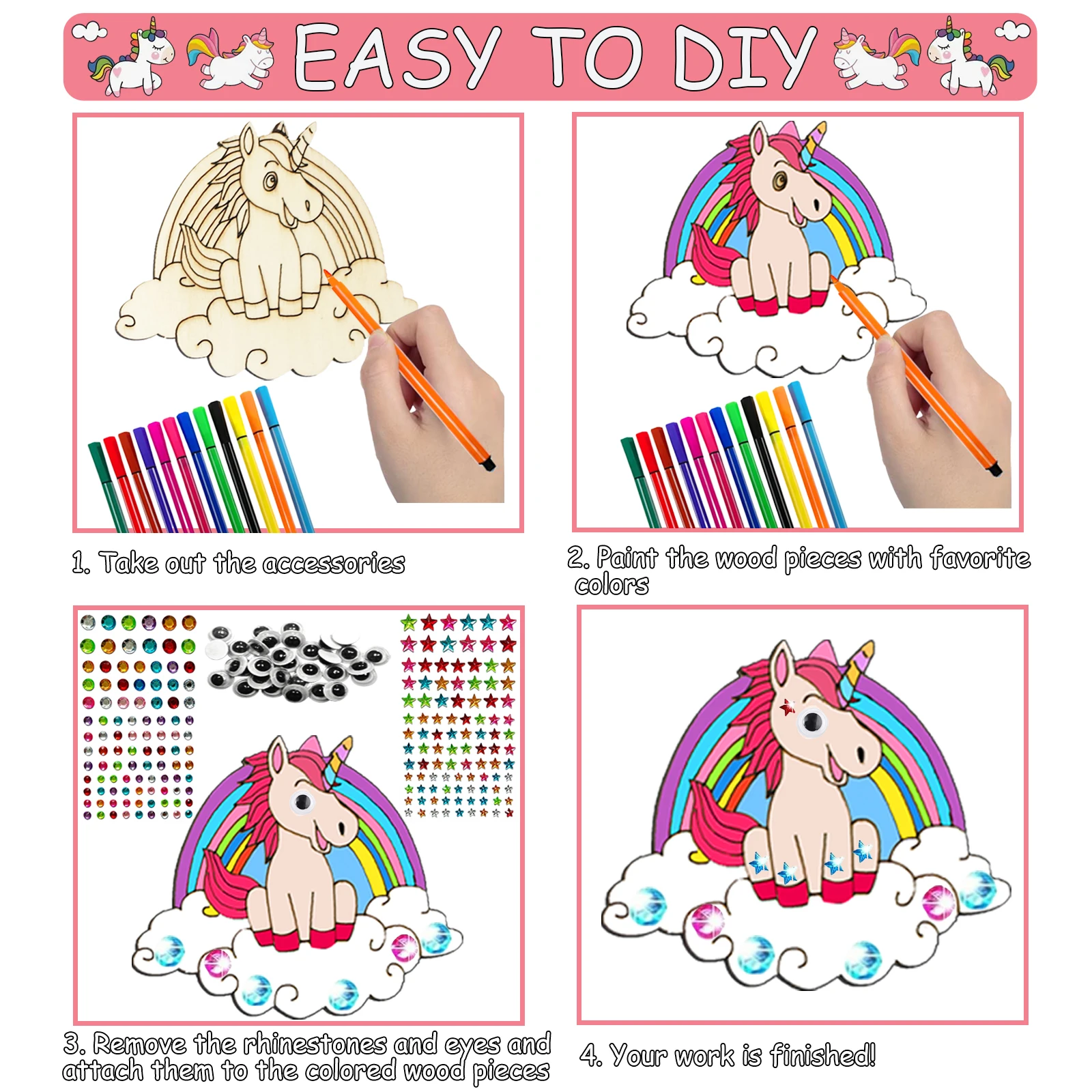 270PCS 나무 유니콘 수공예품 세트, DIY 나무 수공예품, 유니콘 수공예품 세트, 생일 선물 세트, 생일 파티 Handicra