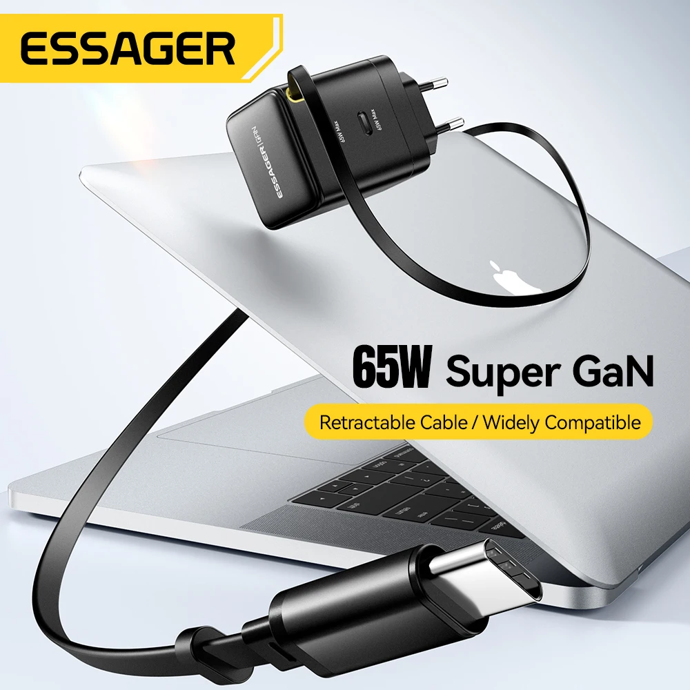 Ładowarka Essager 65W GaN z wysuwanym elastycznym kablem PD Szybkie ładowanie dla iPhone 16 15 Laptop Macbook Ładowarka do telefonu typu C — zdjęcie produktu 2