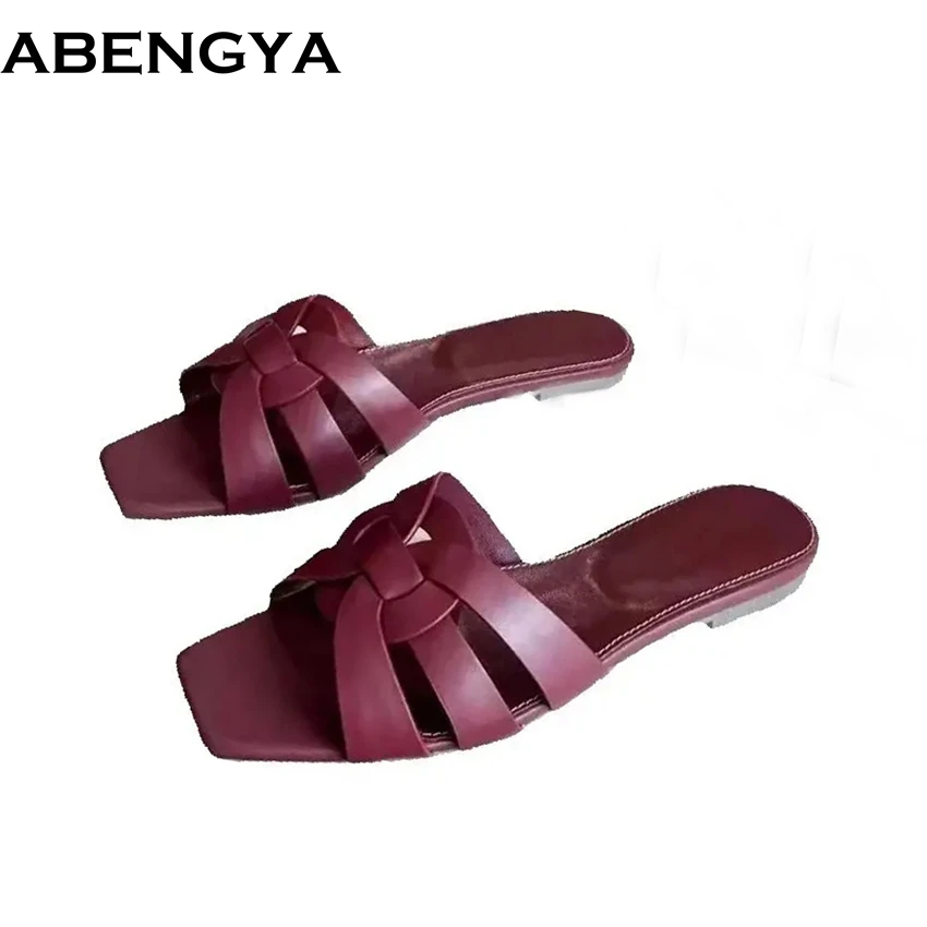 

New Weave Leather Flat Slippers Women Square Toe Slides Summer Mules Shoes Woman FlipFlops Beach Slippers Women's Sandals 2025
