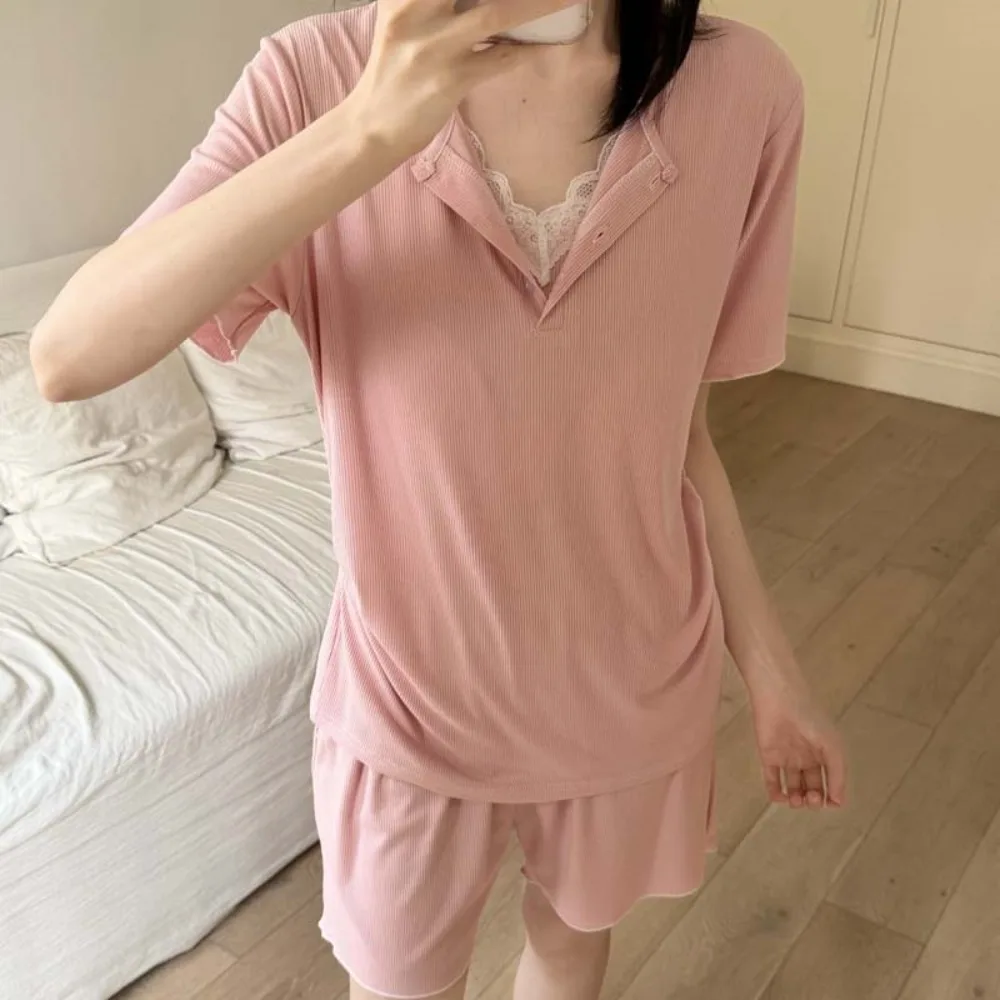 

Thin Women's Sleepwear Pyjama Shorts Suit Pijama Femme Loungewear Pj Sets Solid Color Home Clothes Summer New Loungewear Suit