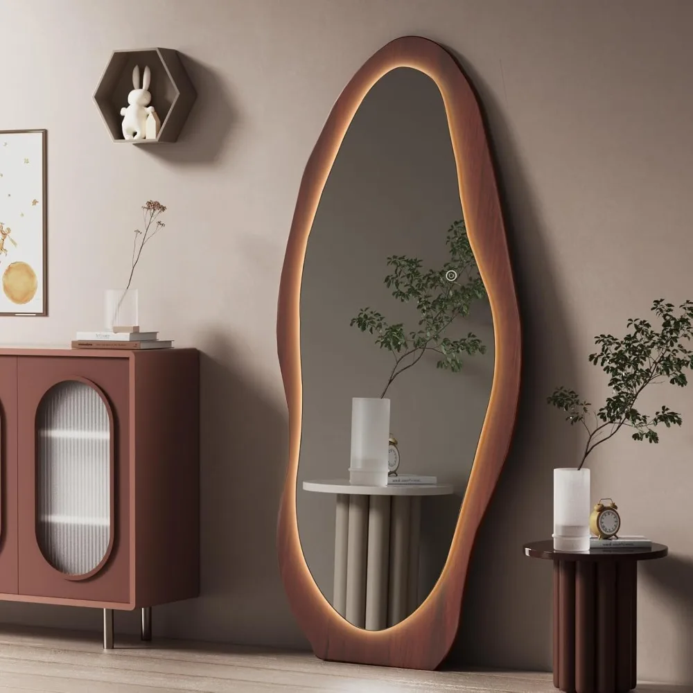 

67"x 26" LED Wood Full Length Mirror with Lights Irregular Wavy Full Body Mirror Shatter-Proof Hanging/Leaning Wall Mounted Waln