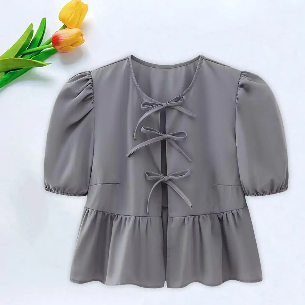 

Women Casual Shirt Stylish Women's Lace-up Ruffle Hem Shirt Casual O-neck Puff Sleeve Top Solid Color Cropped for Women