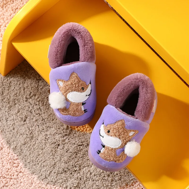 2024 boys' and girls' bags with cartoon fox baby fur anti slip cotton slippers for winter warmth, children's home cotton shoes