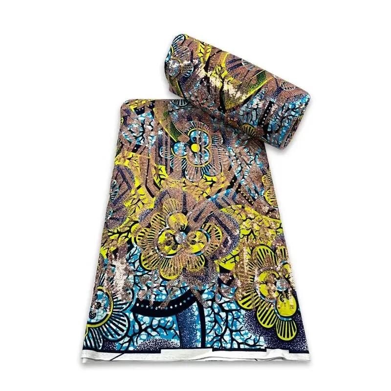 Tela con estampado de cera de Ankara nigeriana, 100% algodón, bordado completo, bloque de lentejuelas, tela de vestido africano para fiesta F 8-12