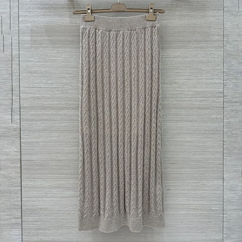 

Top-quality women's high-waisted knitted H-shaped mid-length full skirt made of linen yarn with beads for autumn,winter 2591988