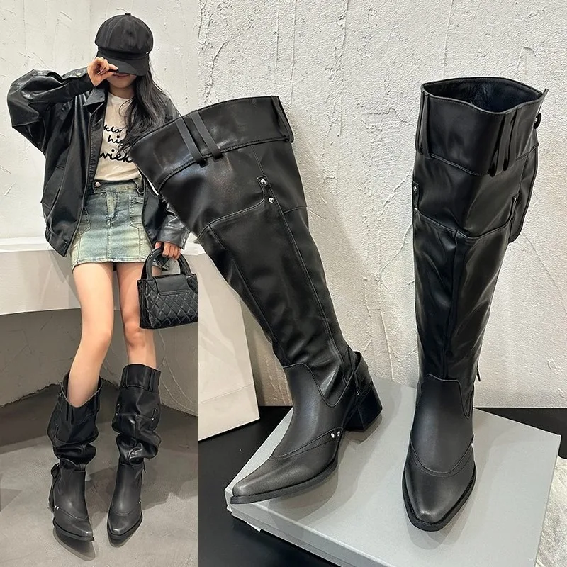 Wrapped Single Boots for Women Spring Summer Pointed Toe Studded Metal Buckle Side Zipper No Knee Block Heel Boots