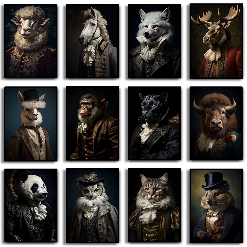 Renaissance European Aristocrat Dog Cat Moose Wolf Deer Owl Duck Monkey Poster Print on Canvas Wall Art Picture Room Home Decor