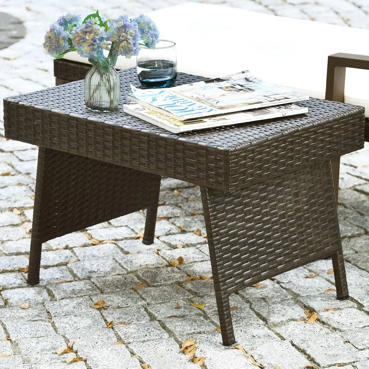 Patio Rattan Side Table - Folding Coffee Table with Premium Brown PE Wicker & High-Duty Steel Frame, Outdoor Beside Table