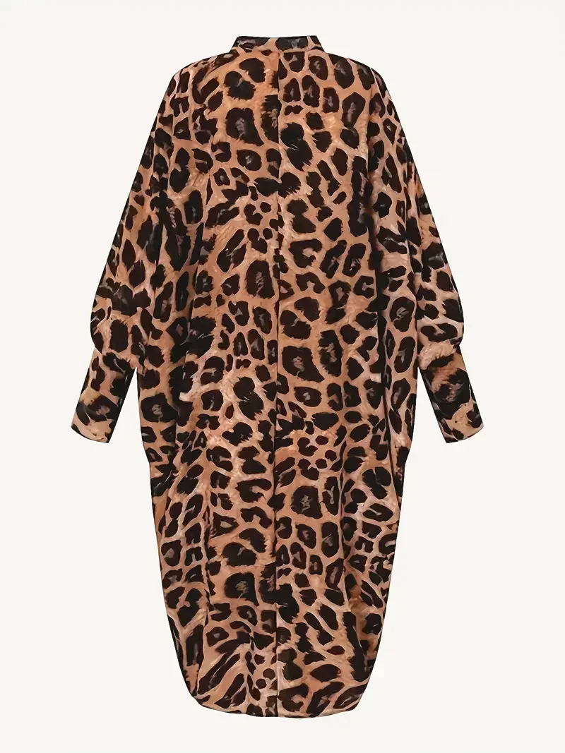 Plus Size 1XL-5XL Women\'s Fashion Boho Dress Ladies Casual Leopard Print Batwing Sleeve Keyhole Round Neck Baggy Dress