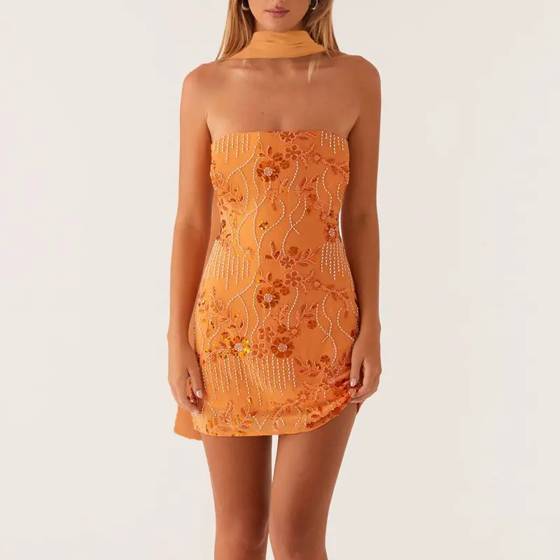 Combhasaki Women Luxury Strapless Summer Beading Glitter Sequins Floral Embroidery Backless Bodycon Short Tube Dress with Scarf