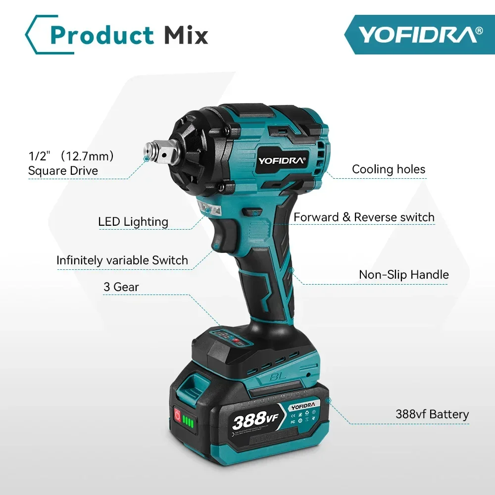 Yofidra Brushless  1000N.M Electric Impact Wrench 3 Funtion 1/2 inch Cordless Screwdriver Electric Drill for Makita 18V Battery