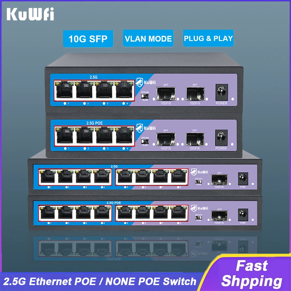 

KuWFi 2.5G Ethernet Gigabit Switch 4/8 Port POE/None POE Network Switch with 10G SFP Port VLAN Mode for IP Camera CCTV Security