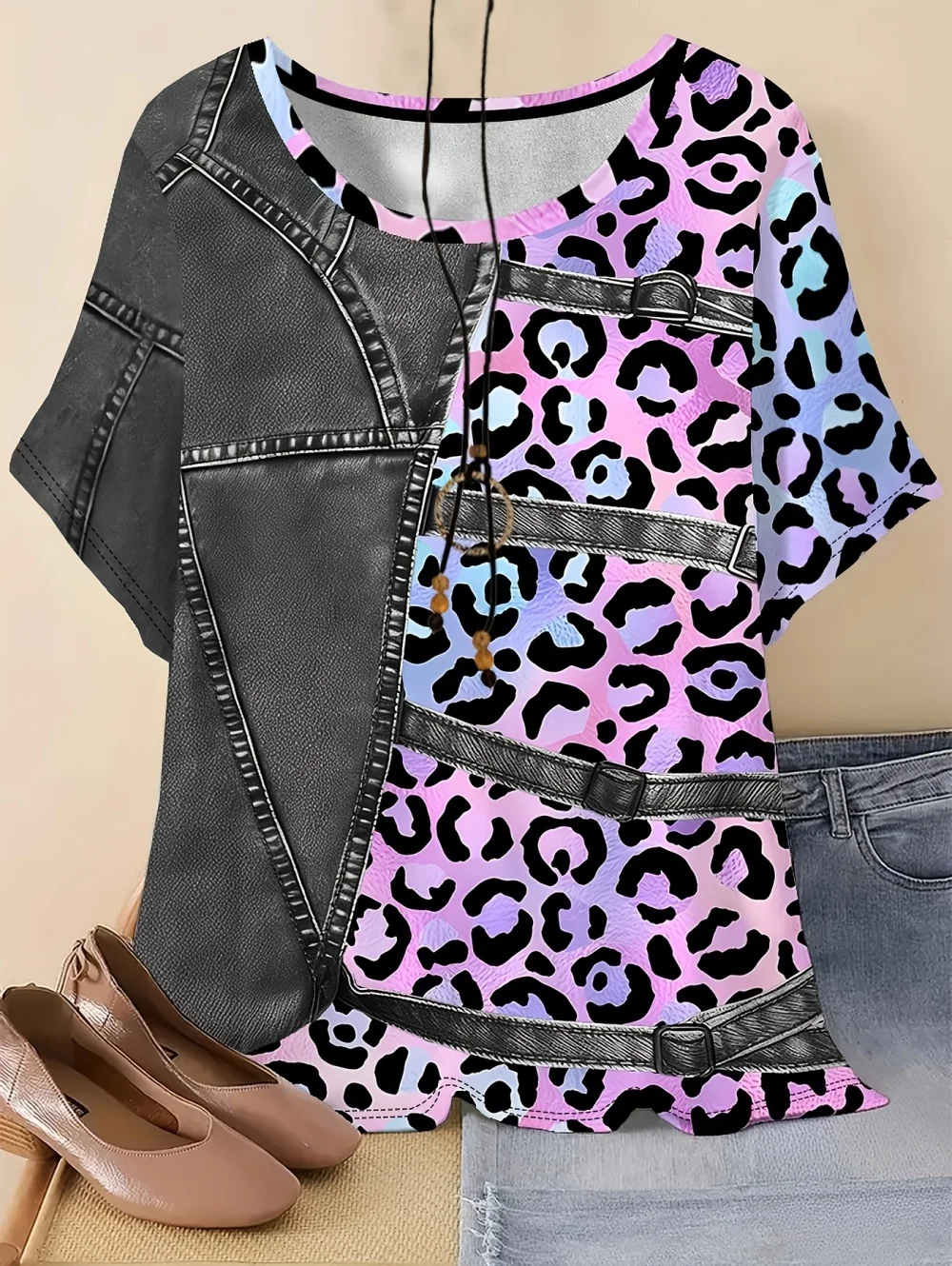 Damen-T-Shirt im Vintage-Stil mit Leopardenmuster und Denim-ähnlichem Print, O-Ausschnitt, Kurzarm, Lässiges Vintage-Oberteil in Übergrößen – Detail 5