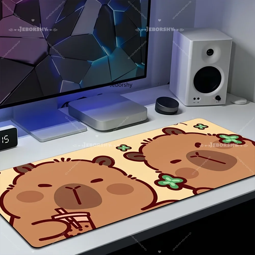 Cute Capybara Drinking Bubble Tea Large Mouse Pad, Yellow Desk Mat, Non-Slip Keyboard Pad