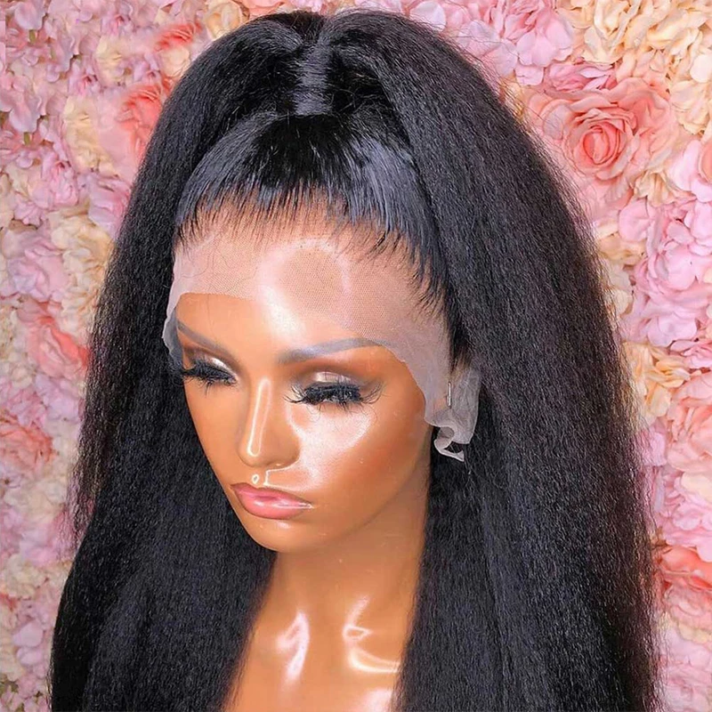 Yaki-Kinky Straight Lace Front Wig para mulheres, peruca preta macia Kinky, cabelo do bebê, resistente ao calor, pré-arrancadas peruca diária, 26 ", 180 Densidade