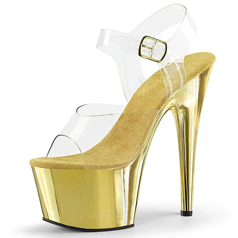 

7 Inches Women Shine Electroplated Heel Sandals Pole Dance Shoes Sexy Stripper Nightclub High Heels 17CM Exotic Models Show