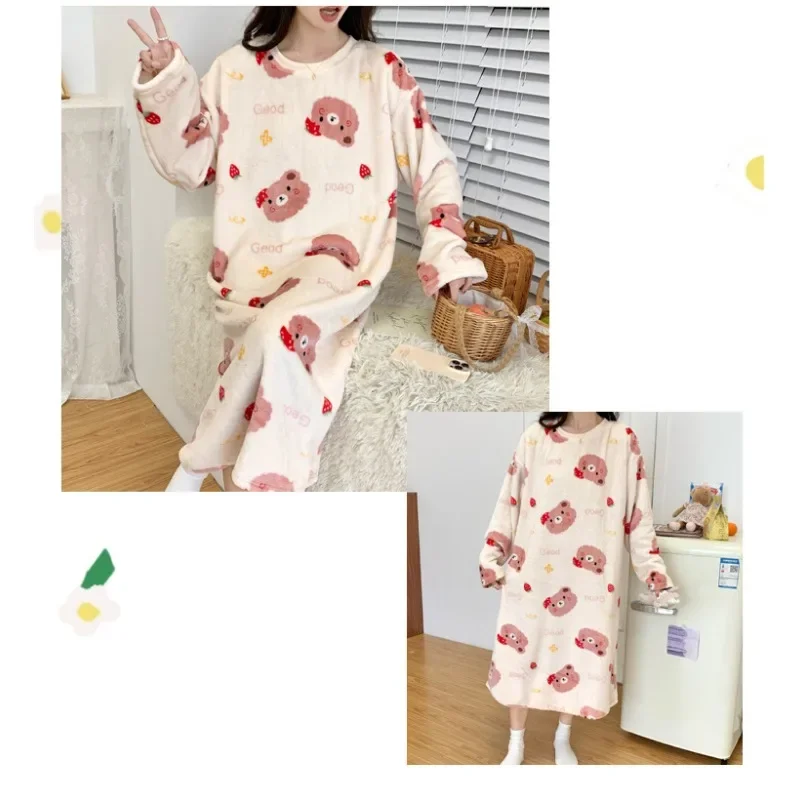 Coral Velvet Nightgown Female Autumn and Winter Thickened Flannel Flannel Cartoon Pajamas in the Long Section of Warm Sleepwear