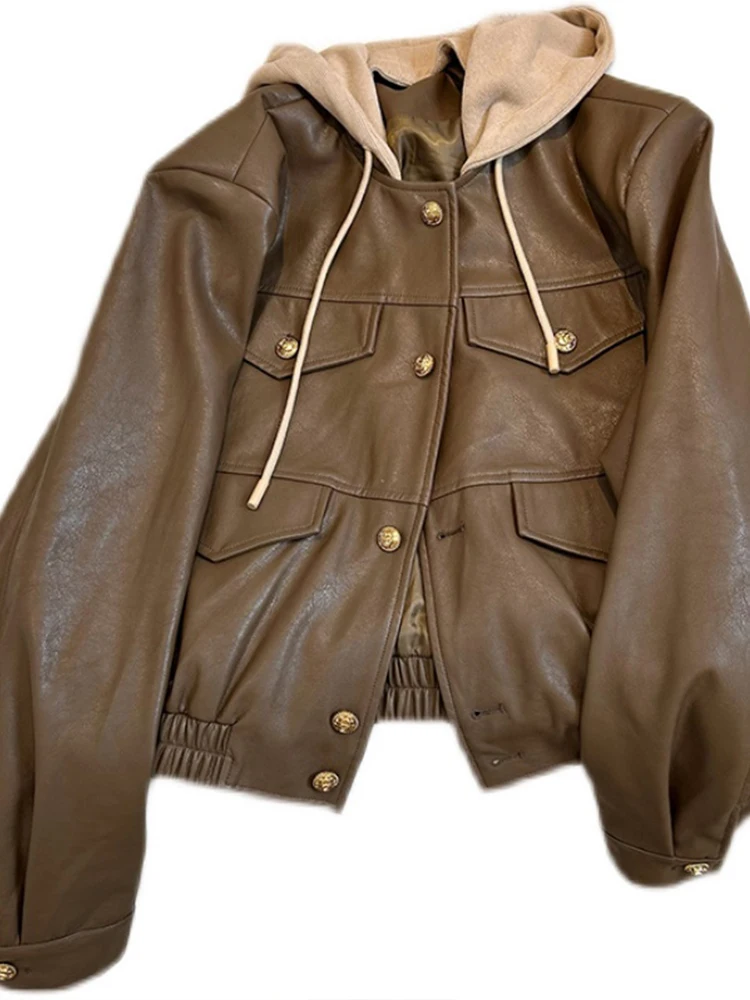 Black Hooded Leather Coat For Women Spring Autumn New Large Loose Jacket Y2K Style Single Breasted PU Brown Motorcycle Top