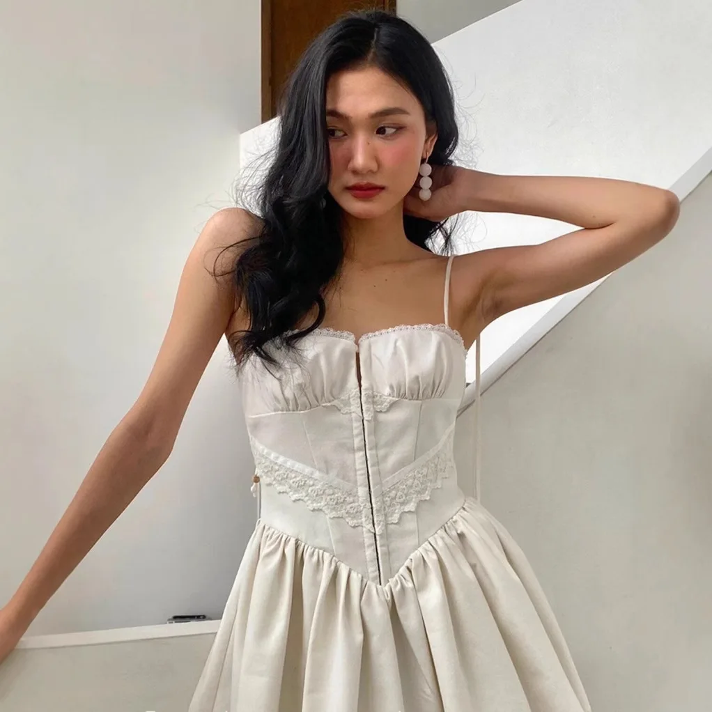 

Summer Dress Women New Lace Chest Strap Dresses Solid Hight Waist for Slimming White A-line French Mini Spaghetti Strap Dress