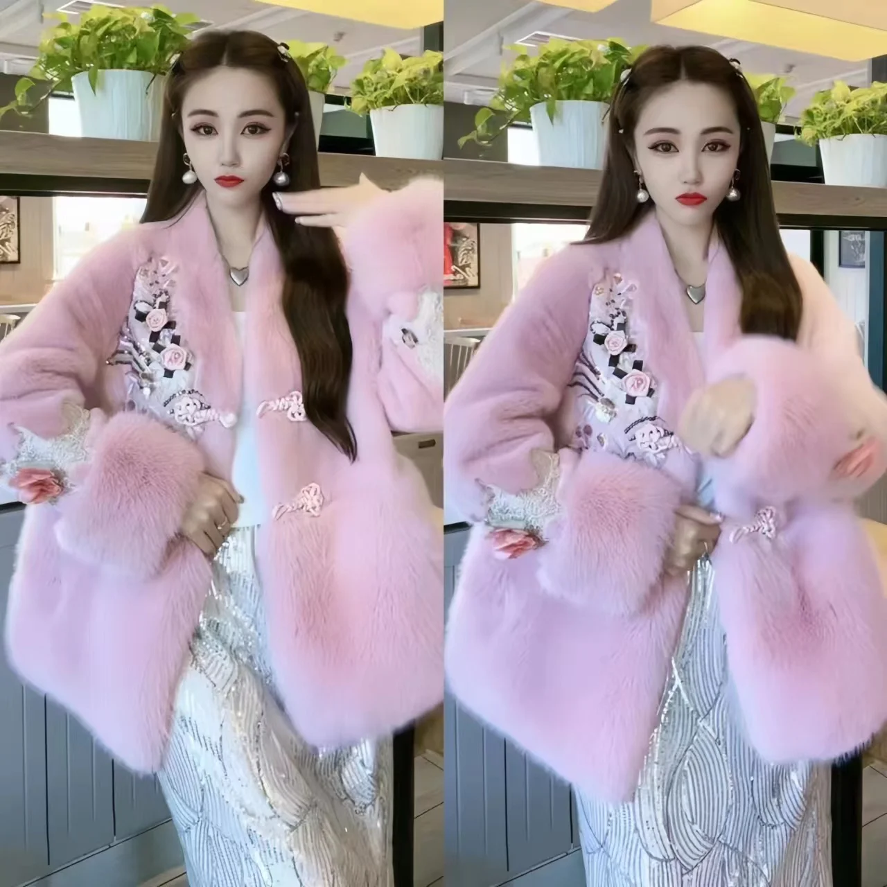 Faux Mink Fur Coat for Women,Single Breasted Jackets,Embroidery Overcoat, Female Clothes, Chinese Style, New, Winter, 2024