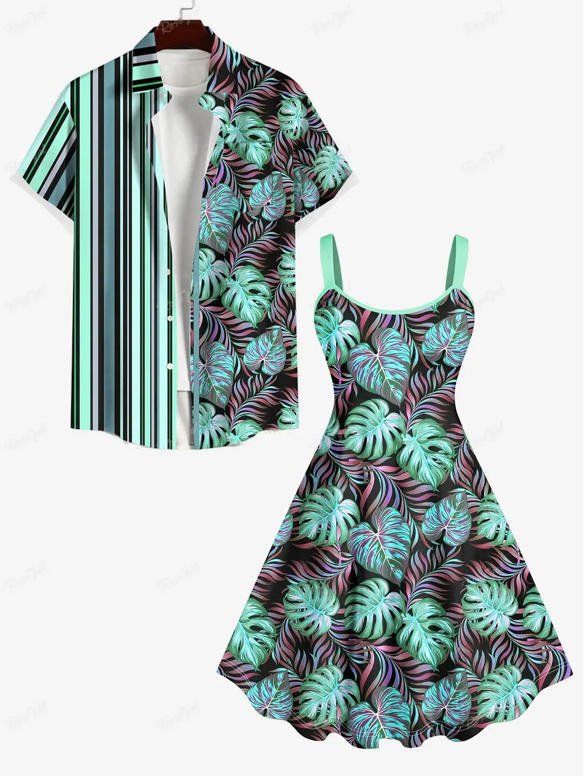 Plus Size Hawaii Costumes, Striped Coconut Leaves Printed Hawaii Button Pocket Shirt For Men And Backless A Line Tank Dress