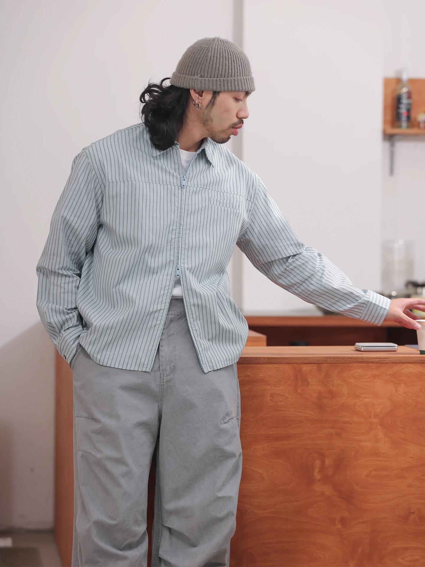 

Мужская повседневная дышащая рубашка NOEARS с длинным рукавом, винтажным синим дизайном, двойной молнией, свободным воротником и полосками, из хлопка и полиэстера