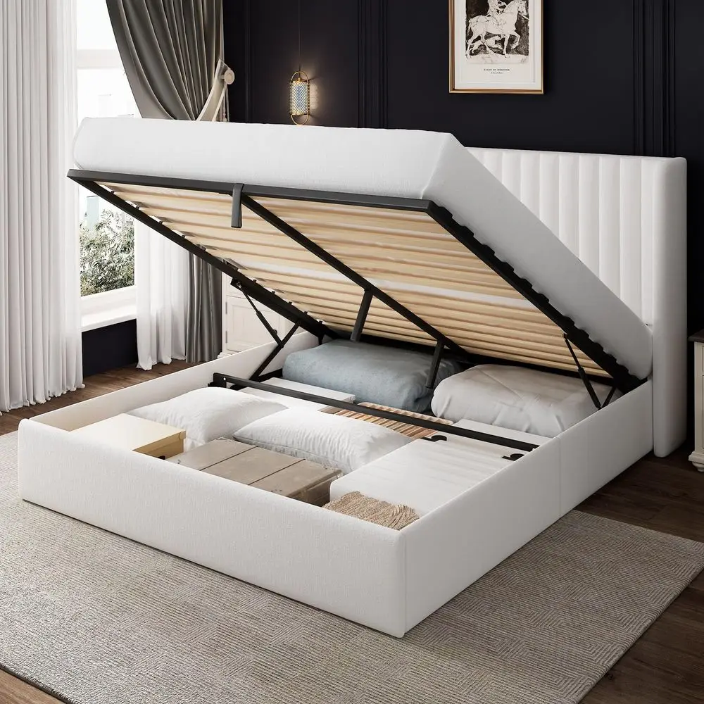Queen Size Lift Up Storage Bed with Wingback Headboard, Upholstered Velvet Bed Frame with Havy Duty Wooden Slat Support, Hydrau