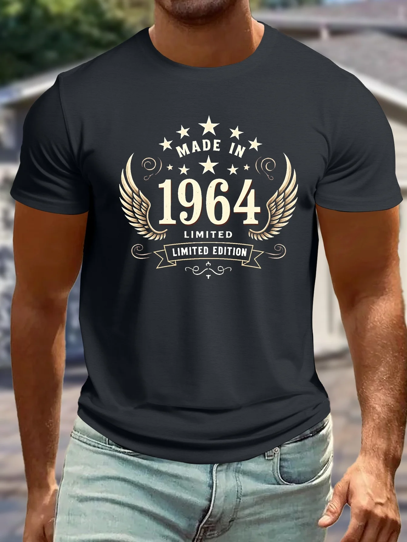 

Simple top-MADE IN 1964 Limited Edition Crinkle Plus Size Men's T-Shirt - Vintage-Inspired Geometric Star & Wing Design,