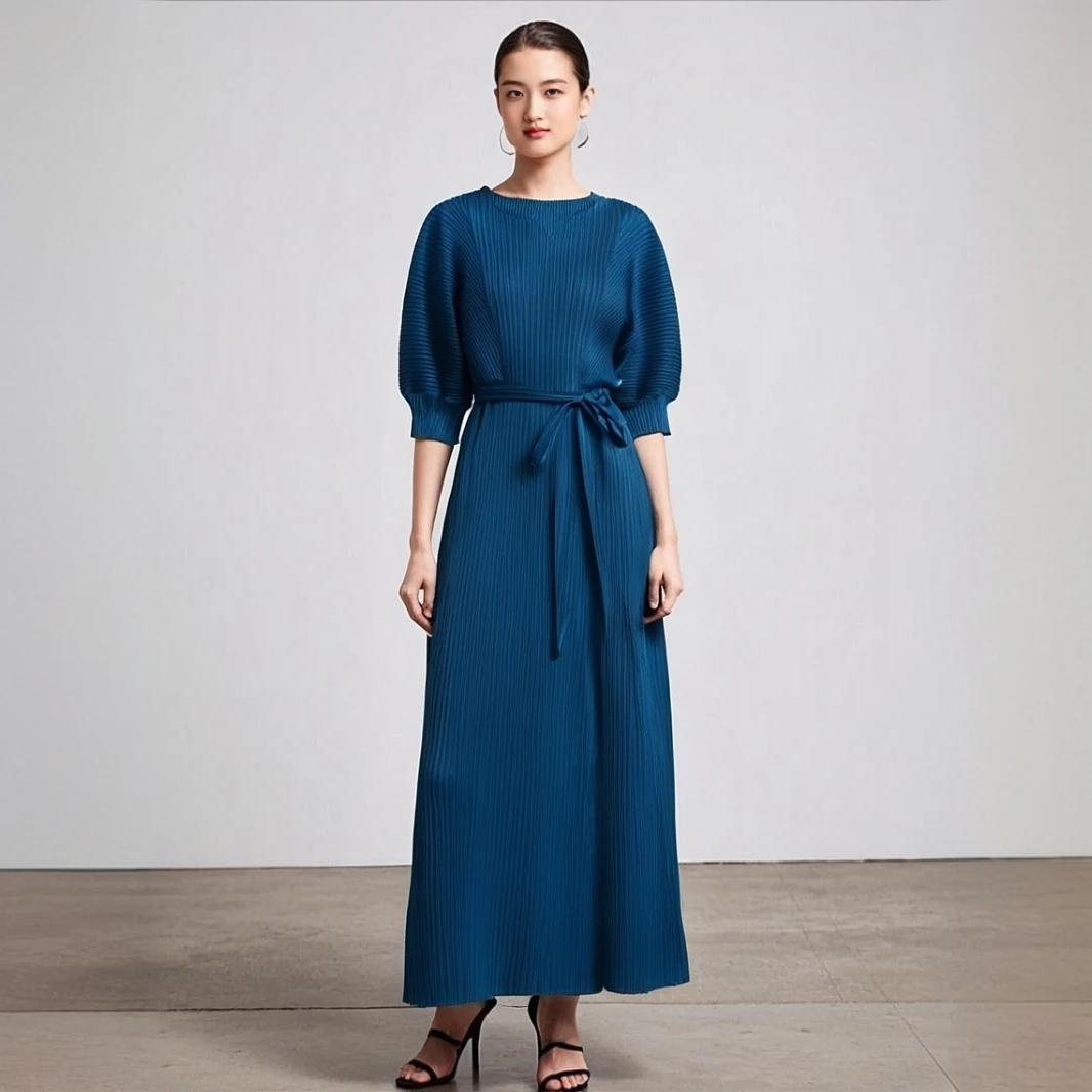 

Miyake Pleated 2025 Summer New High-end Pleated Fashion Lady Style Temperament Commuter Medium-length Polo Collar Long Dresses