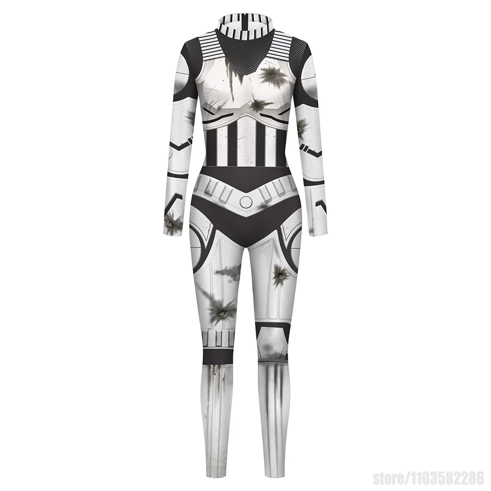 

White Armored Robot Jumpsuit Women Carnival Robot Cosplay Costume Lady Steampunk Skinny Bodysuit Funny Festival Purim Outfit