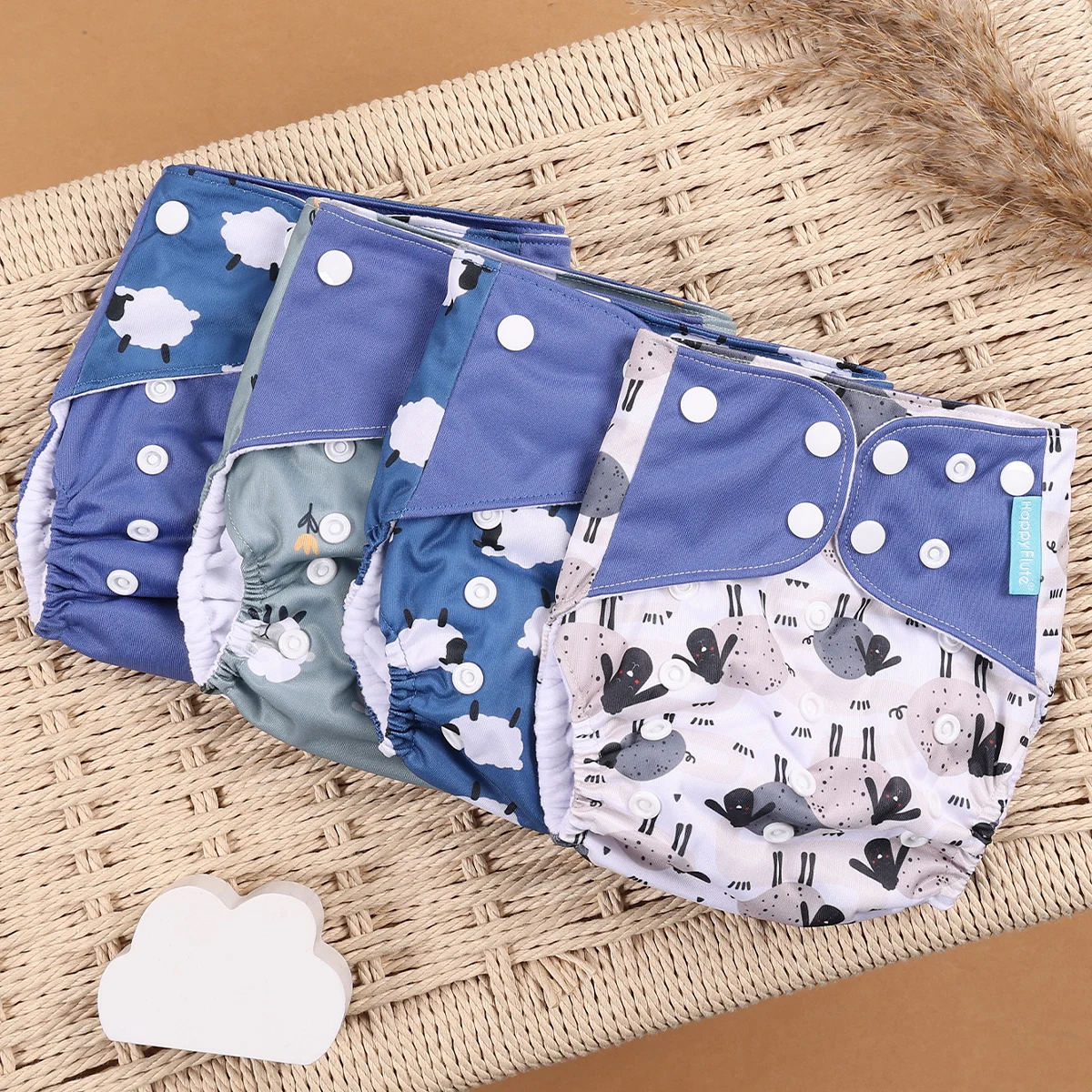 HappyFlute Cute Print Hot Sale 4PCSet OS Pocket Diaper Washable&Reusable Absorbent Ecological Diaper Cover Adjustable Baby Nappy