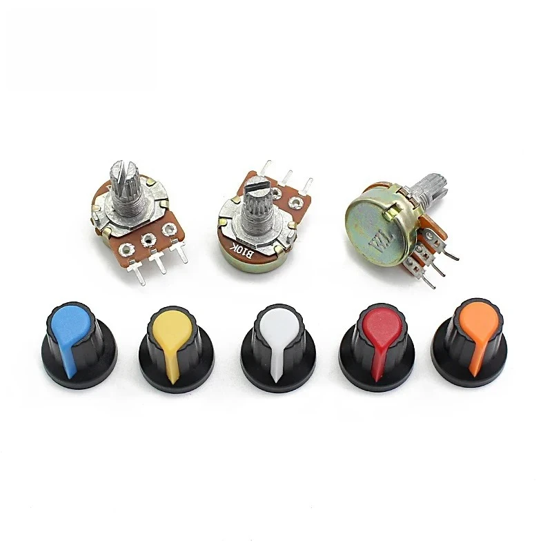 10Set WH148 الجهد كيت 1K/2K/5K/10K/20K/50K/100K/250K/500K/1M أوم 15 مللي متر 3Pin المقاومات الدوارة مع غطاء المقابض