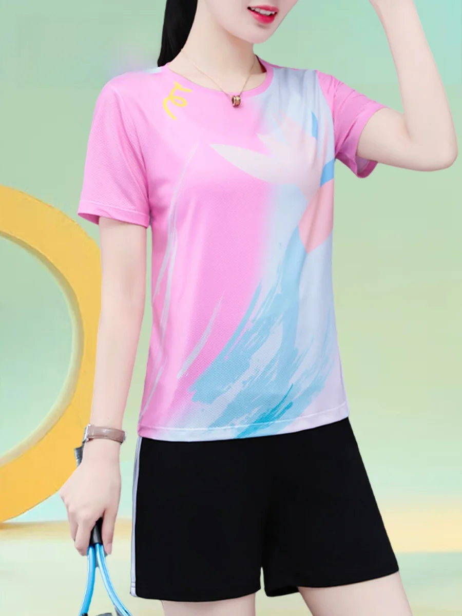 

Ice Silk Qui Dry Sports Suit Set Women's Casual Running Clothes Two Piece Set Summer New Sle Mom Leisure Running Suit